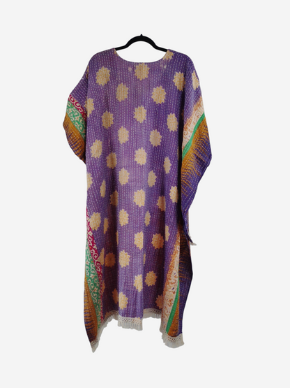 She Lives Beauty La Isla Bonita reversible kantha top in purple vintage cotton with floral patterns and fringe trim.