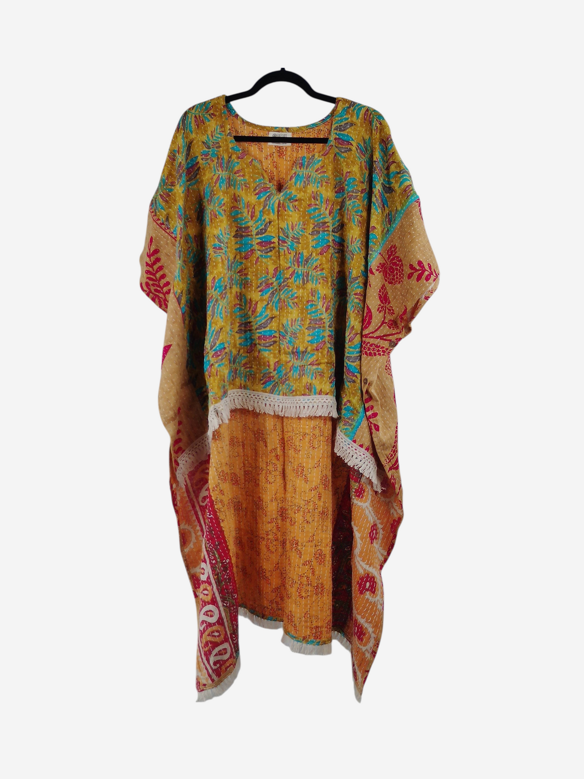 She Lives Beauty reversible La Isla Bonita kantha top in yellow vintage cotton with fringe and intricate stitching