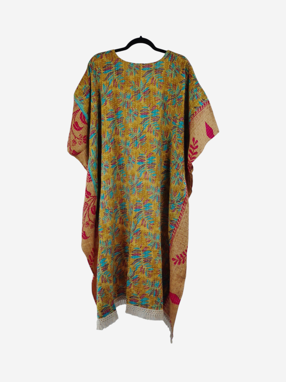 She Lives Beauty La Isla Bonita reversible kantha top in mustard yellow vintage cotton with fringe and floral print