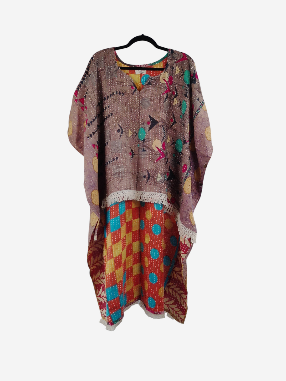 She Lives Beauty La Isla Bonita reversible kantha top made from vintage cotton saris with fringe and colorful patterns