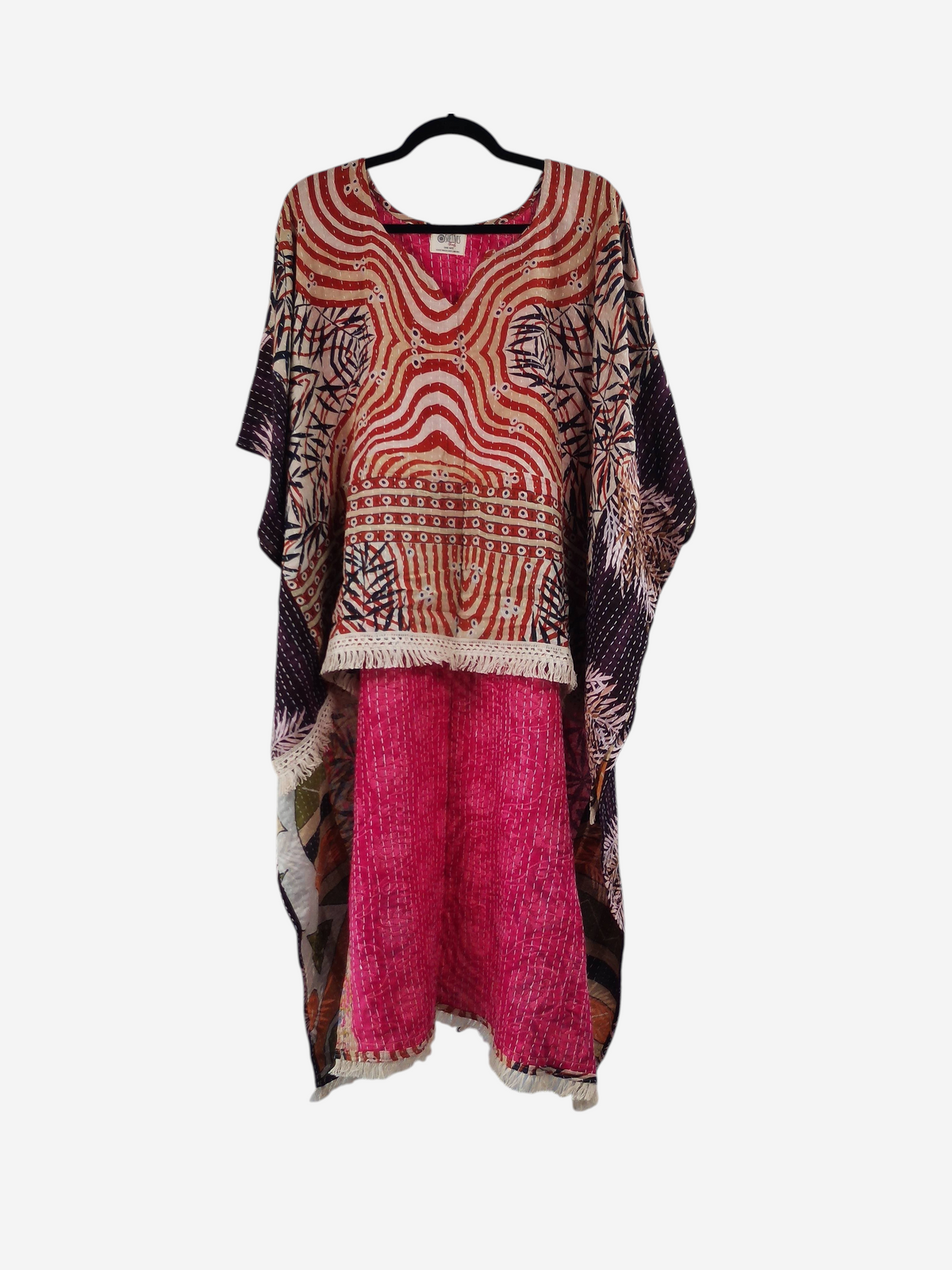 She Lives Beauty La Isla Bonita reversible kantha top in vintage cotton with pink and patterned bohemian fringe