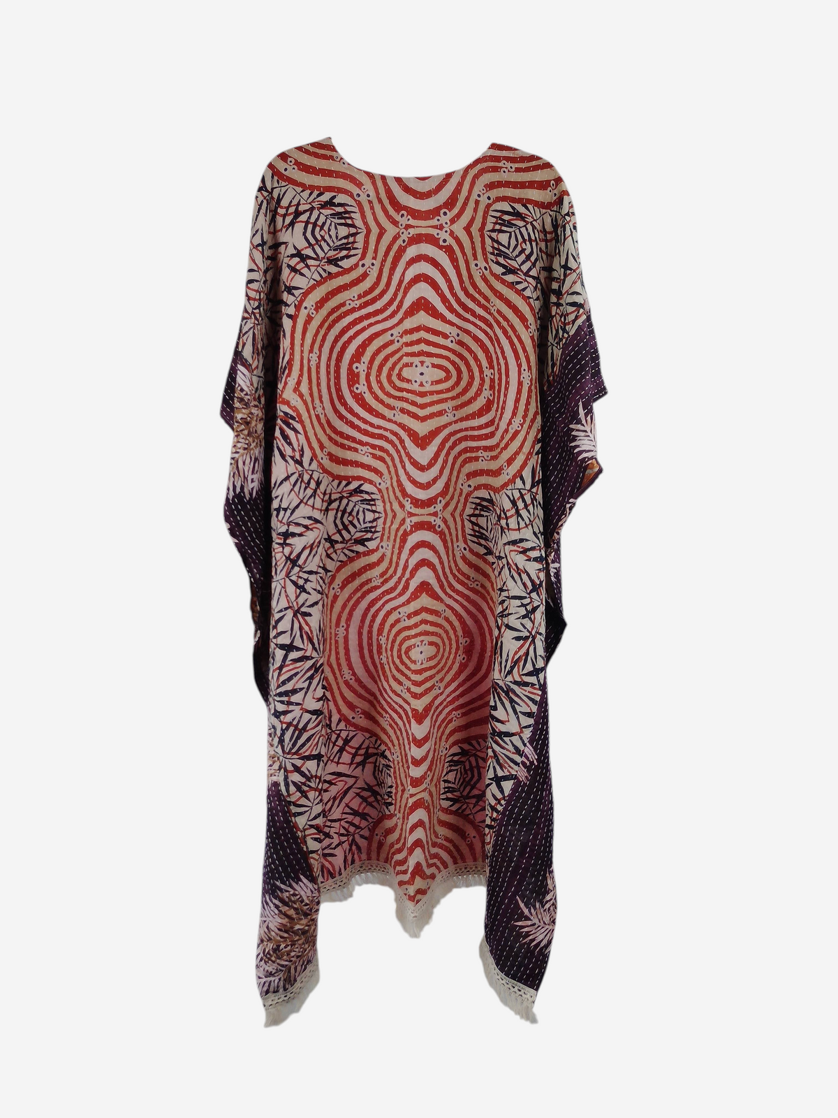 She Lives Beauty La Isla Bonita reversible kantha top in vintage cotton with orange and purple geometric patterns