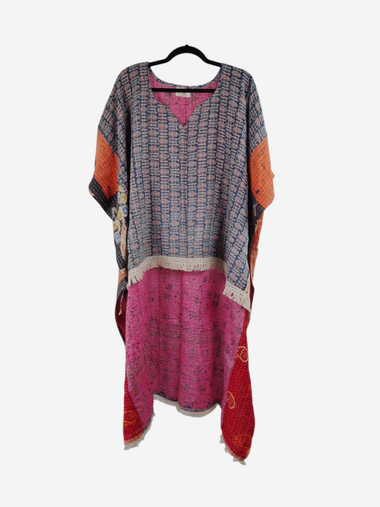 She Lives Beauty reversible kantha top made from vintage cotton saris with fringe detail and vibrant patchwork
