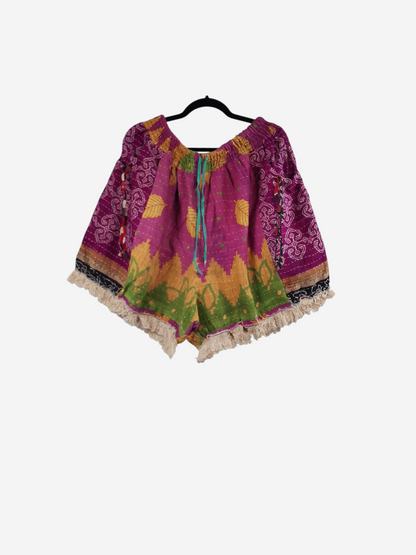 She Lives Beauty Alma Kantha fringe shorts in vibrant purple and green vintage cotton with boho stitched patterns.