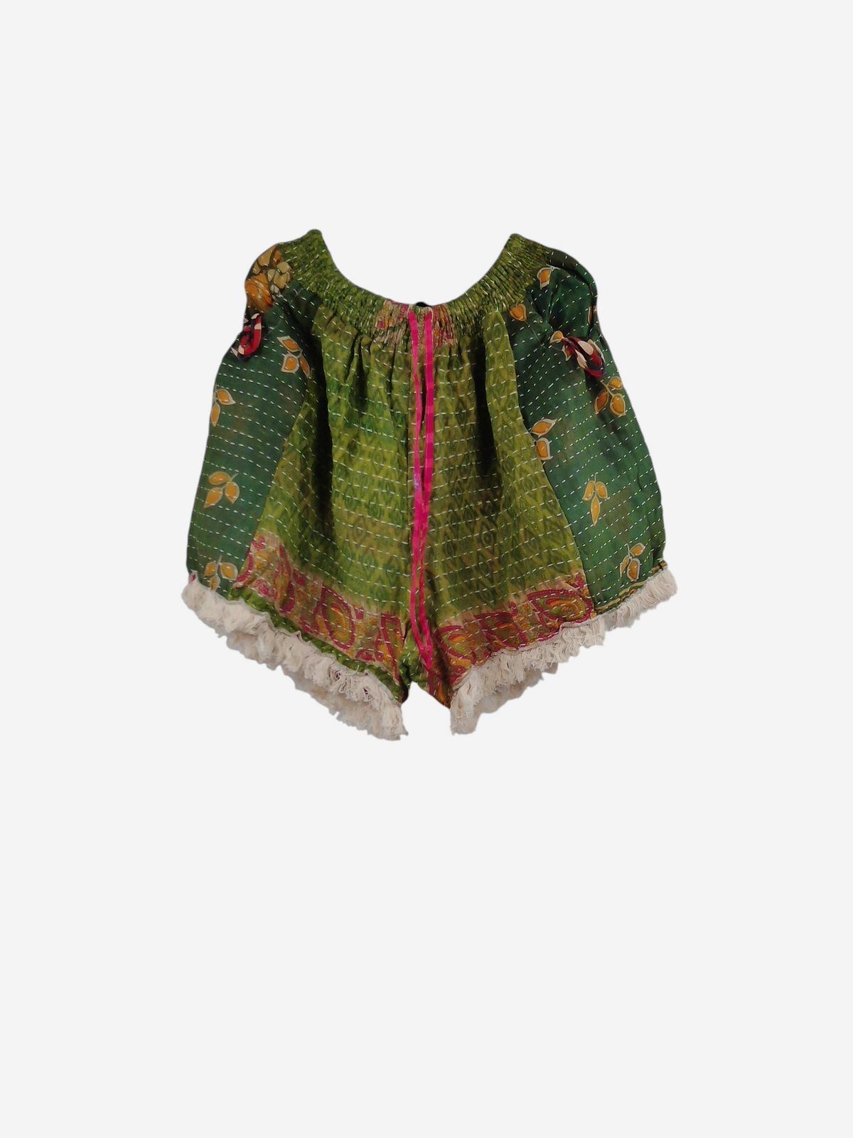 She Lives Beauty Alma Kantha fringe shorts in green vintage cotton with floral patterns and pink drawstring detail