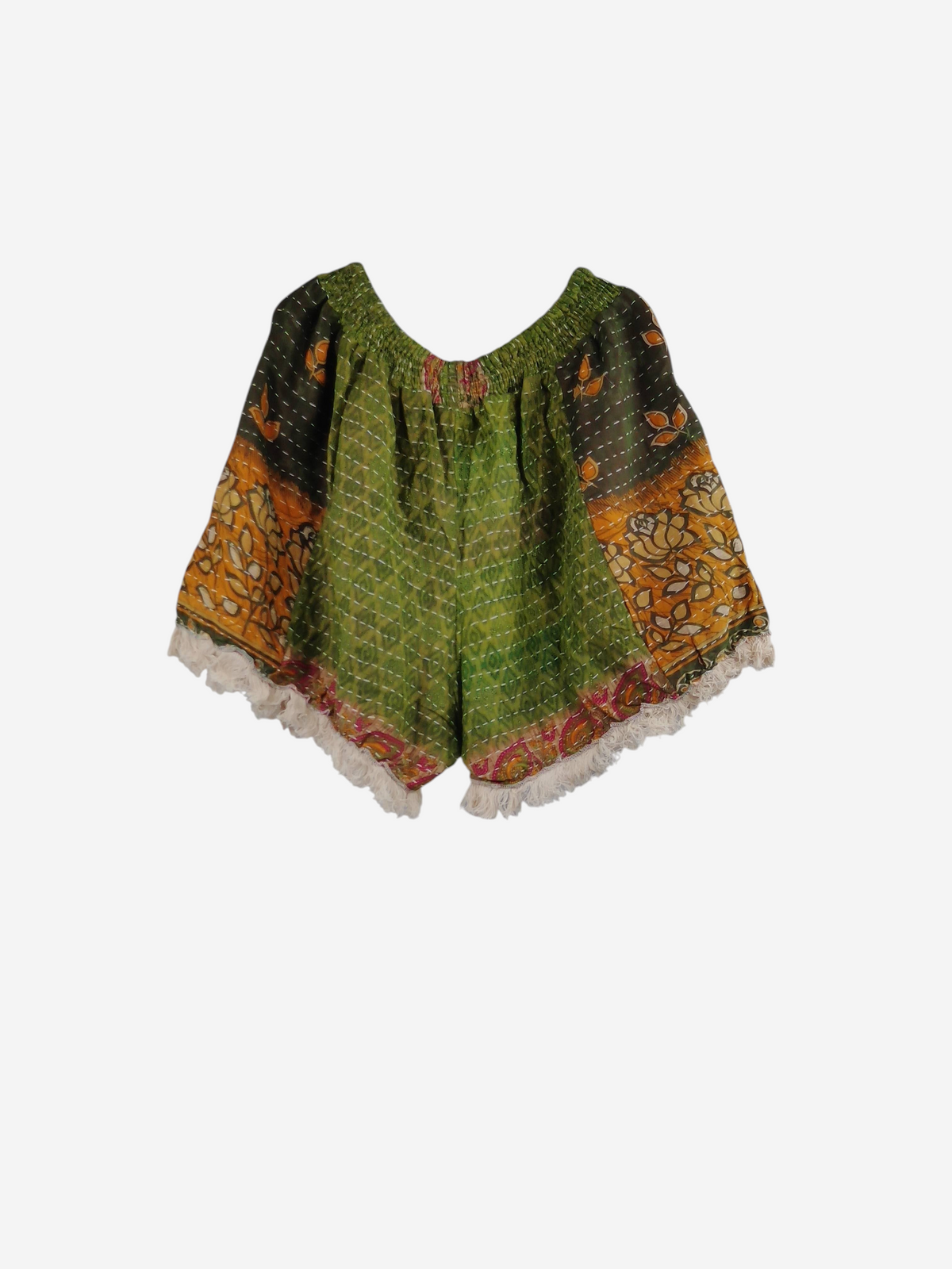 She Lives Beauty Alma Kantha fringe shorts in green and orange vintage cotton with unique stitched patterns