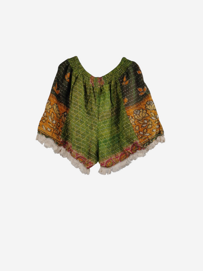 She Lives Beauty Alma Kantha fringe shorts in green and orange vintage cotton with unique stitched patterns