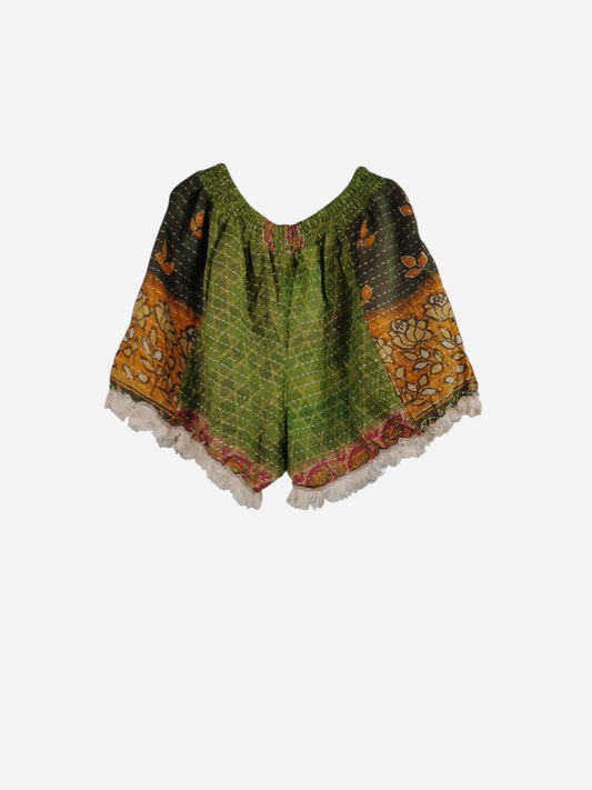 She Lives Beauty Alma Kantha fringe shorts in green and orange vintage cotton with unique stitched patterns