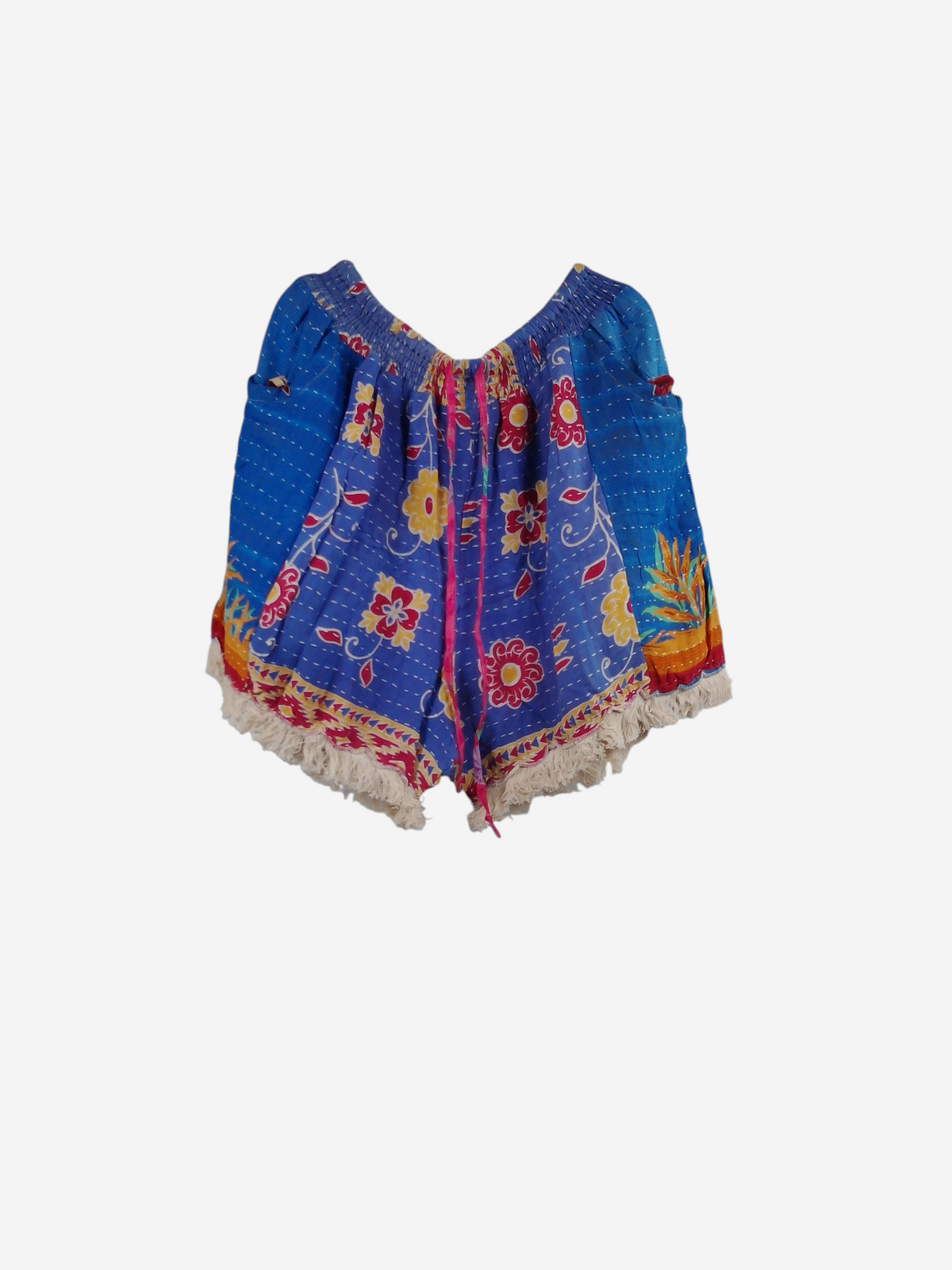 She Lives Beauty Alma Kantha fringe shorts in blue vintage cotton with floral patterns and cream tassel trim.