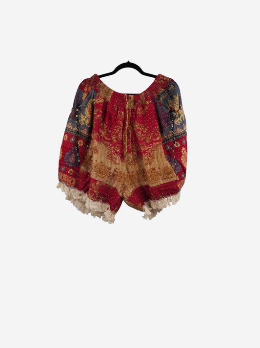 She Lives Beauty Alma Kantha fringe shorts in red and gold vintage cotton with boho patterns and tassel hem