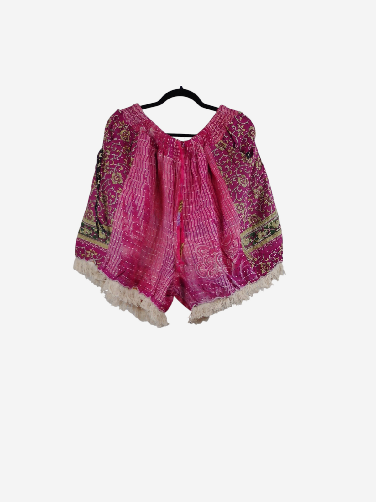 She Lives Beauty Alma Kantha fringe shorts in pink vintage cotton with intricate stitching and cream fringe trim