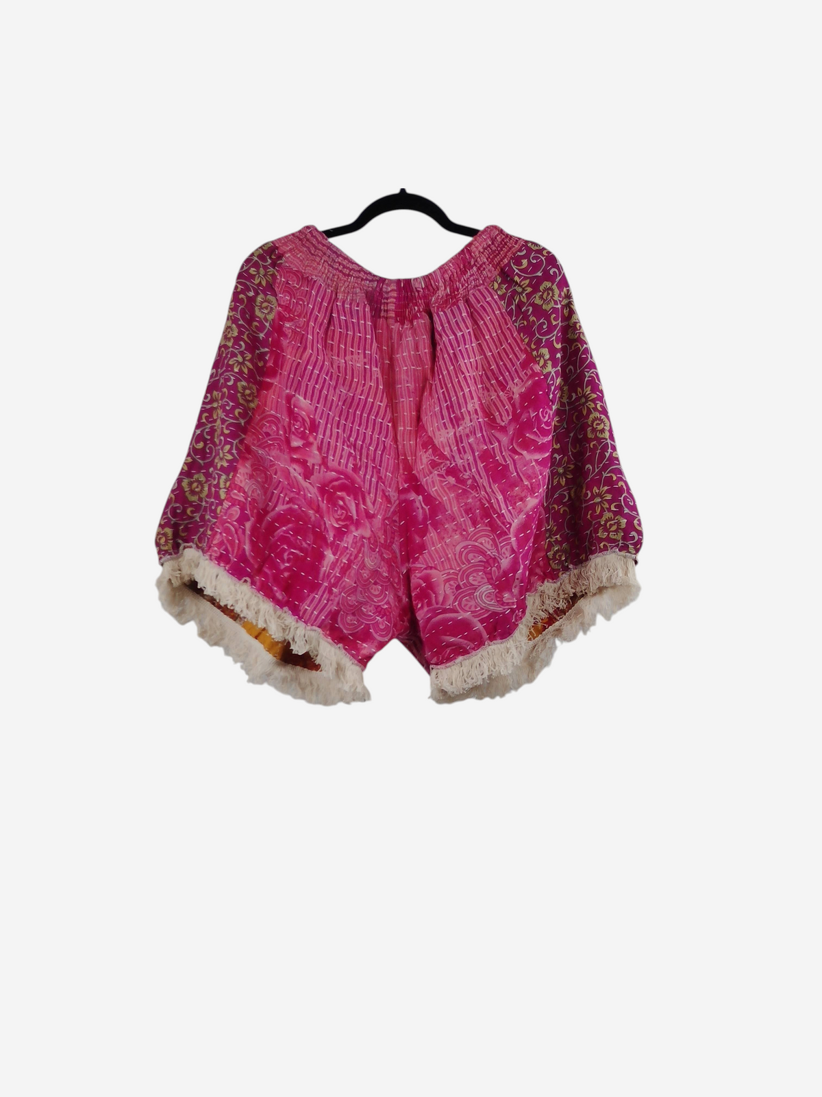 She Lives Beauty Alma Kantha fringe shorts in vibrant pink vintage cotton with intricate stitching and cream trim