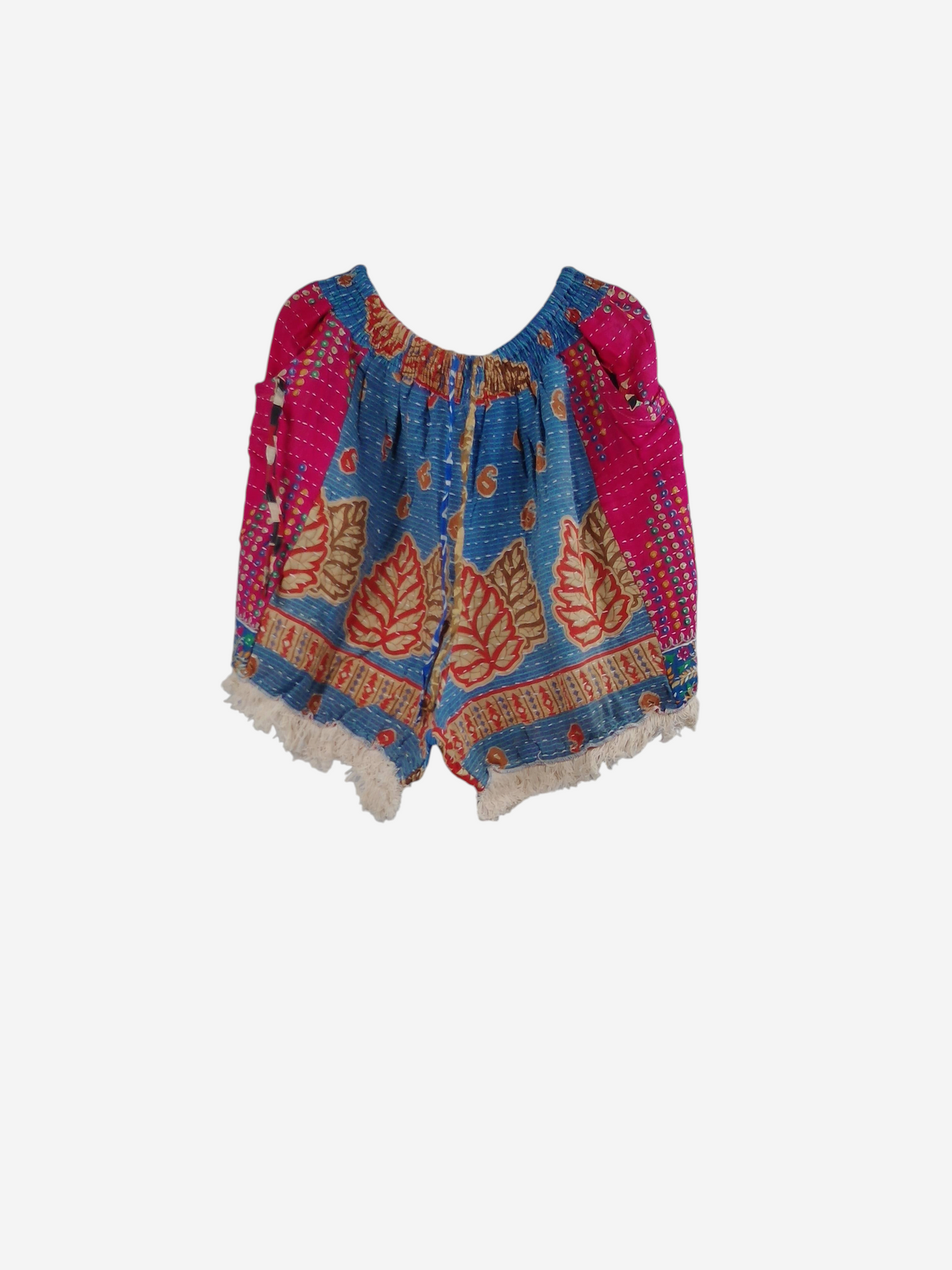 She Lives Beauty Alma Kantha fringe shorts in vibrant blue and pink vintage cotton with boho leaf patterns