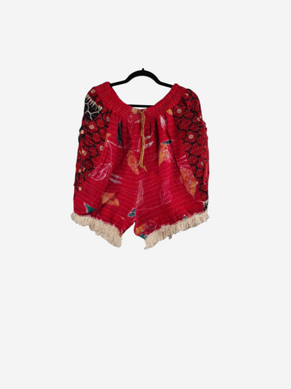 She Lives Beauty Alma Kantha fringe shorts in red vintage cotton with unique patterned stitching and cream fringe hem.