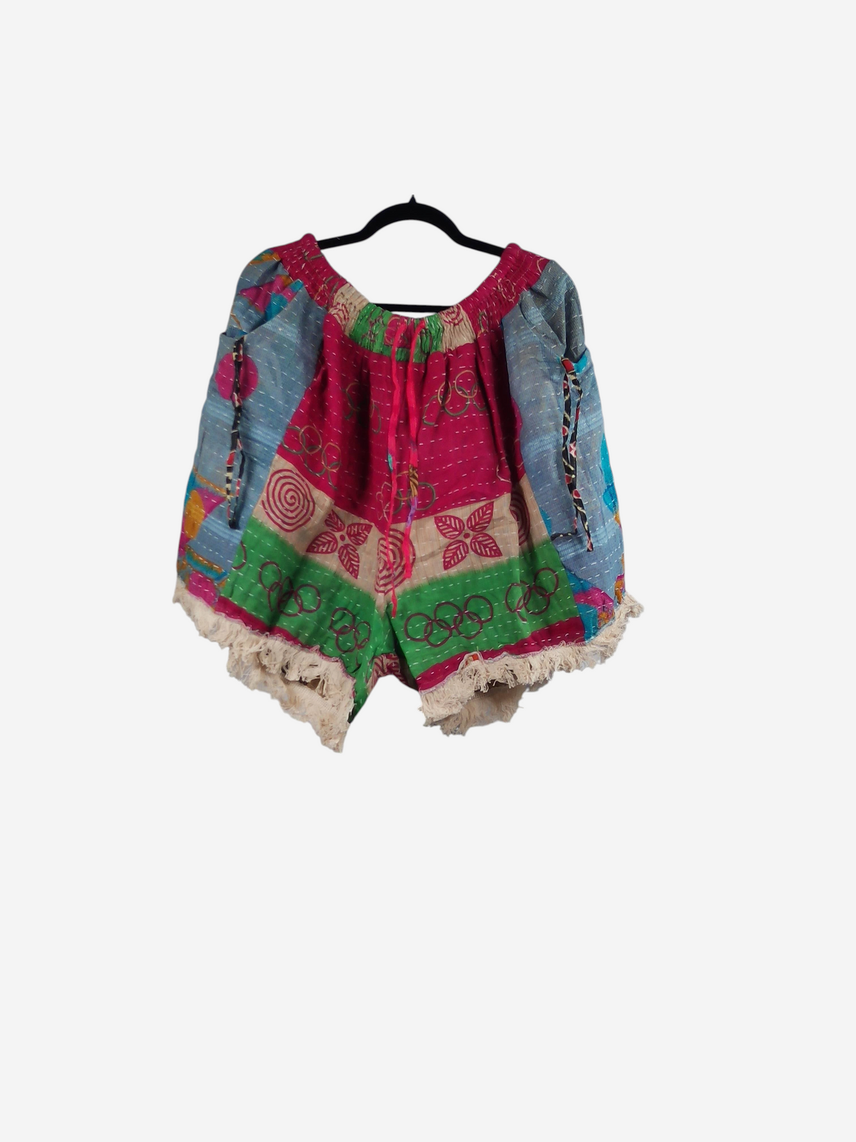 She Lives Beauty Alma Kantha fringe shorts in colorful vintage cotton with bohemian patterns and stitched details.