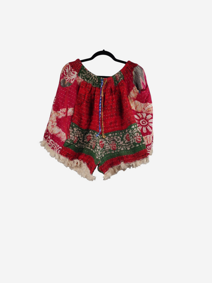 She Lives Beauty Alma Kantha fringe shorts in red and green vintage cotton with boho floral patterns and tassel trim