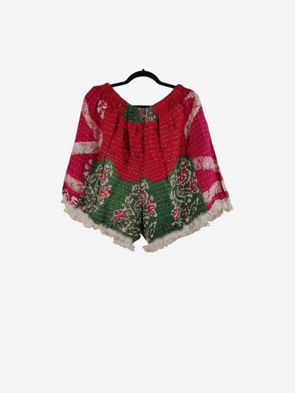 She Lives Beauty Alma Kantha fringe shorts in red and green vintage cotton with boho stitching and tassel hem