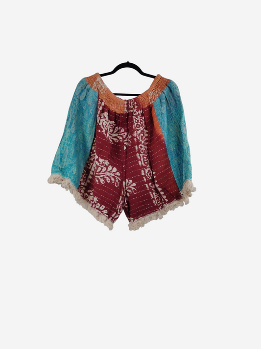 She Lives Beauty Alma Kantha fringe shorts in multicolored vintage cotton with boho patterns and white fringe trim