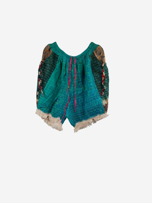 She Lives Beauty Alma Kantha fringe shorts in teal vintage cotton with unique patchwork patterns and boho detailing.