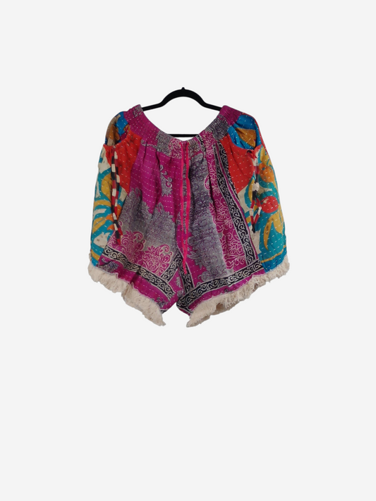 She Lives Beauty Alma Kantha fringe shorts in colorful vintage cotton with bohemian patterns and white fringe trim