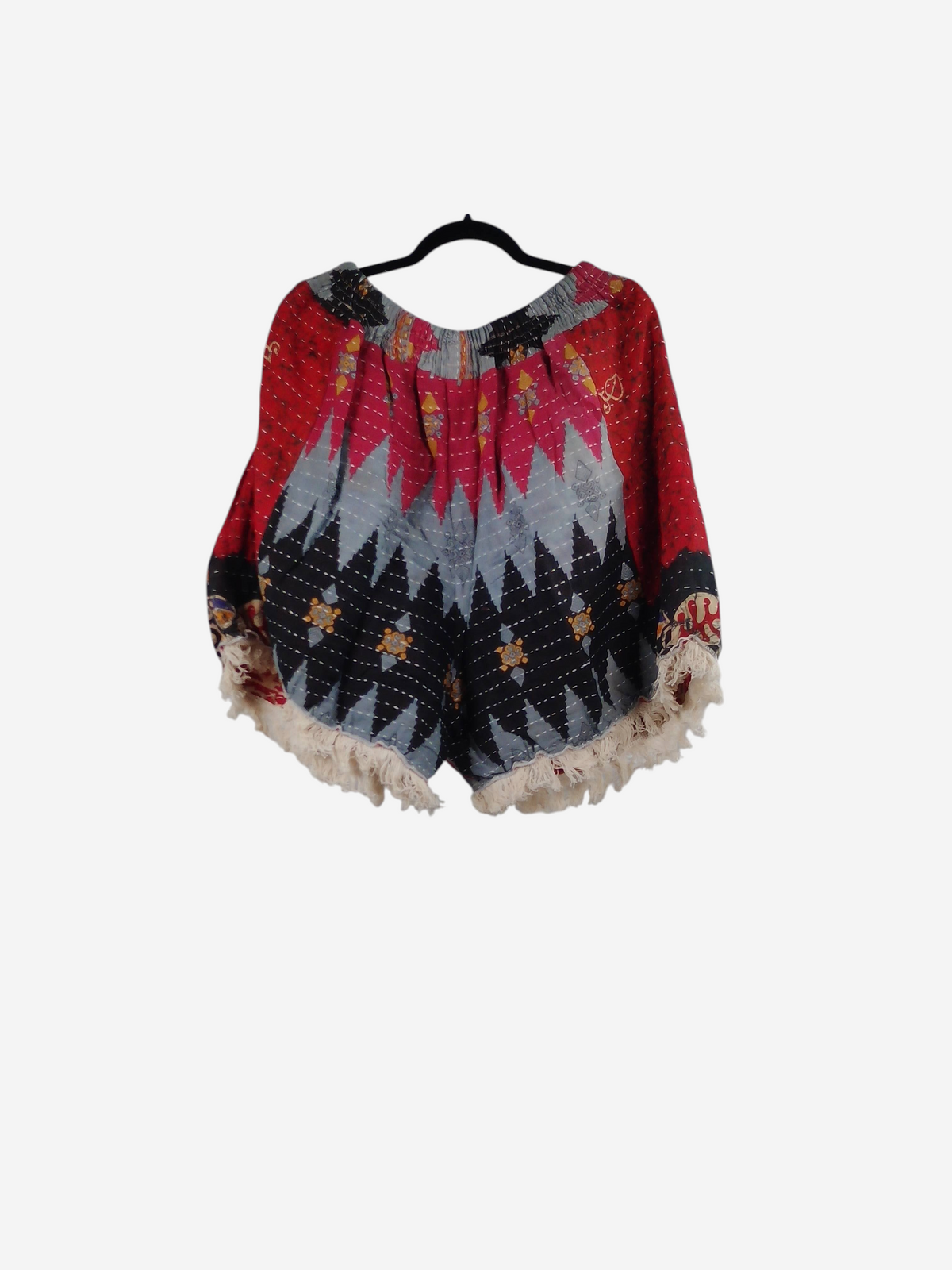 She Lives Beauty Alma Kantha fringe shorts in red, grey, and black vintage cotton with unique stitched patterns.