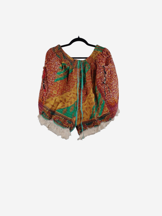 She Lives Beauty Alma Kantha fringe shorts in vibrant vintage cotton with multicolor patterns and cream trim