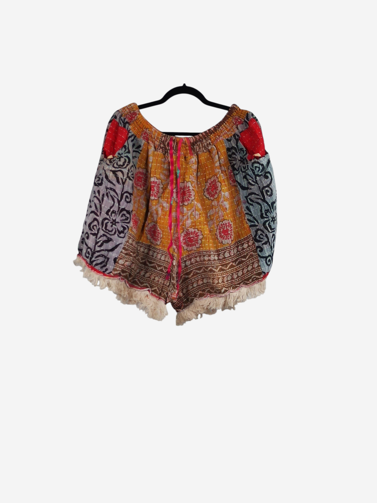 She Lives Beauty Alma Kantha fringe shorts in multicolored vintage cotton with floral patterns and boho stitching.
