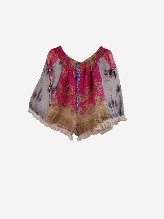 She Lives Beauty Alma Kantha fringe shorts in vintage cotton with pink and grey floral patterns and boho detailing