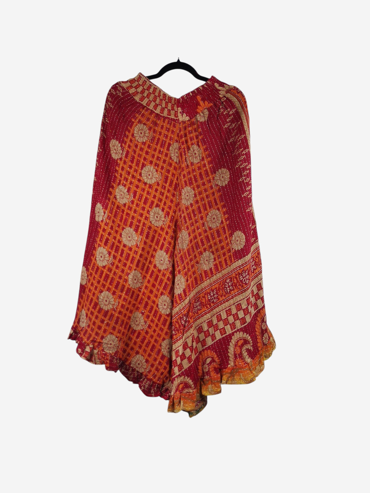 She Lives Beauty Laila capri ruffle pants in red and orange vintage kantha cotton with floral patterns