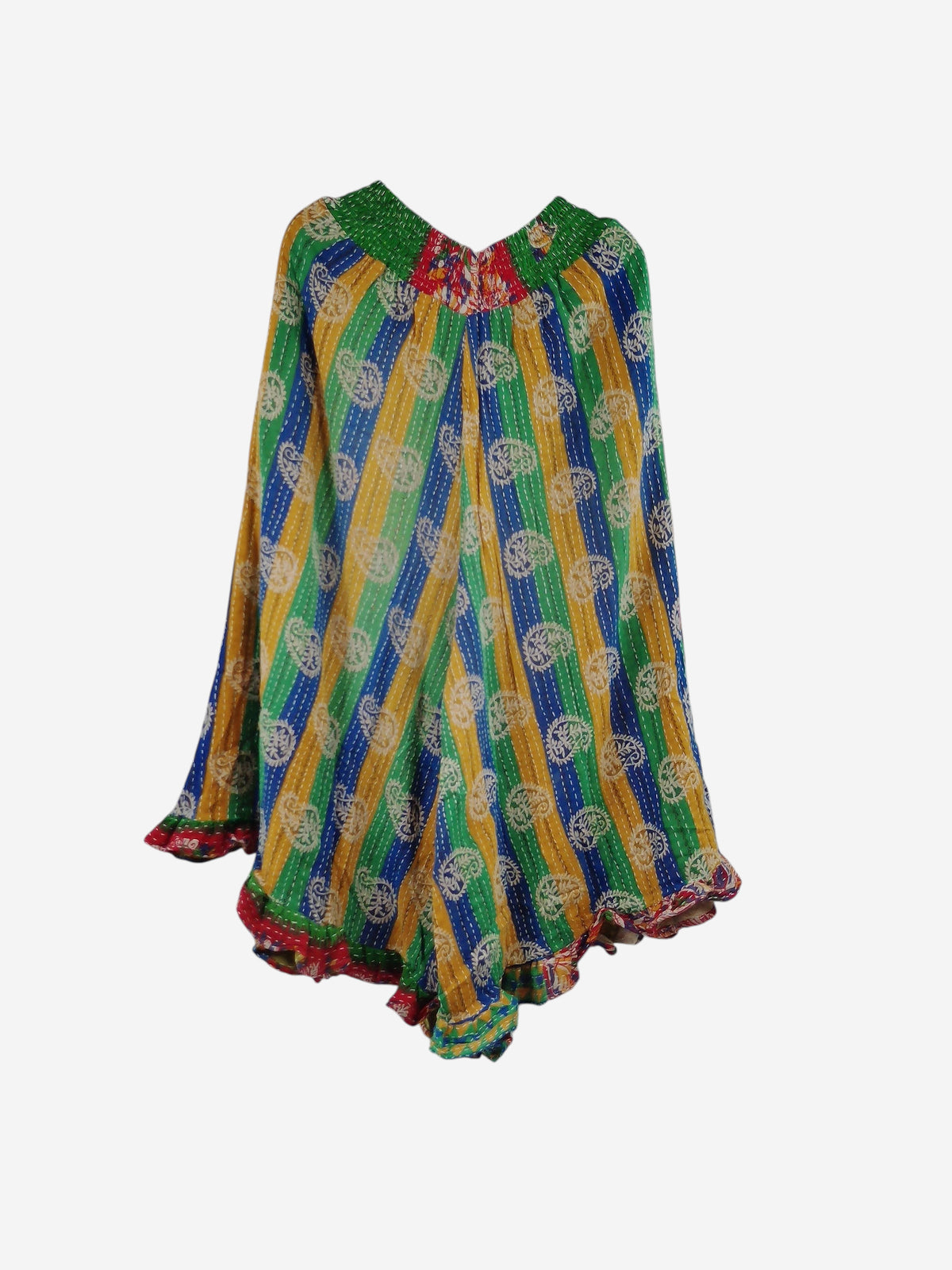 She Lives Beauty Laila capri ruffle pants made from colorful vintage kantha cotton with green, yellow, and blue stripes
