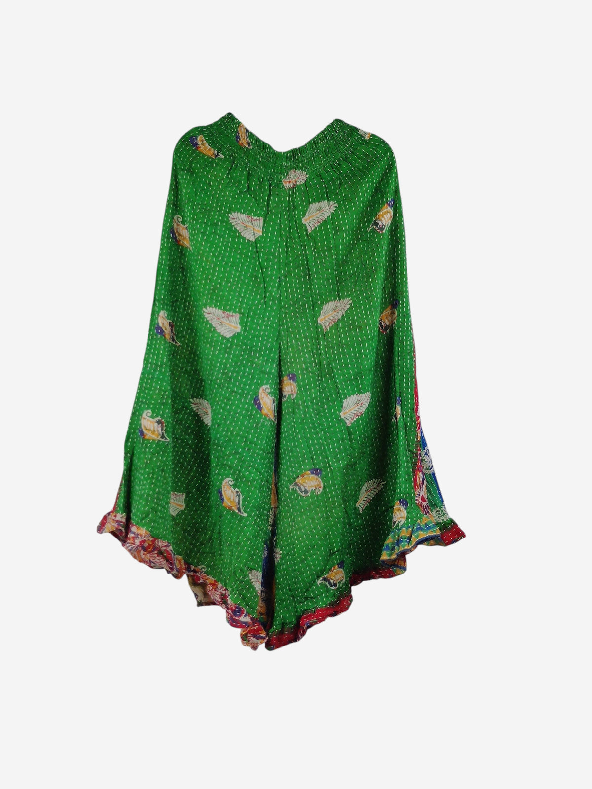 She Lives Beauty Laila capri ruffle pants in green vintage kantha cotton with unique patterned hem detail