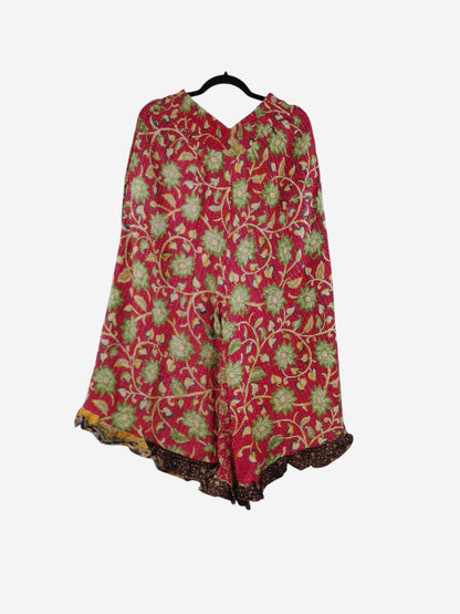 She Lives Beauty Laila capri ruffle pants in red vintage Kantha cotton with green floral patterns and ruffled hem