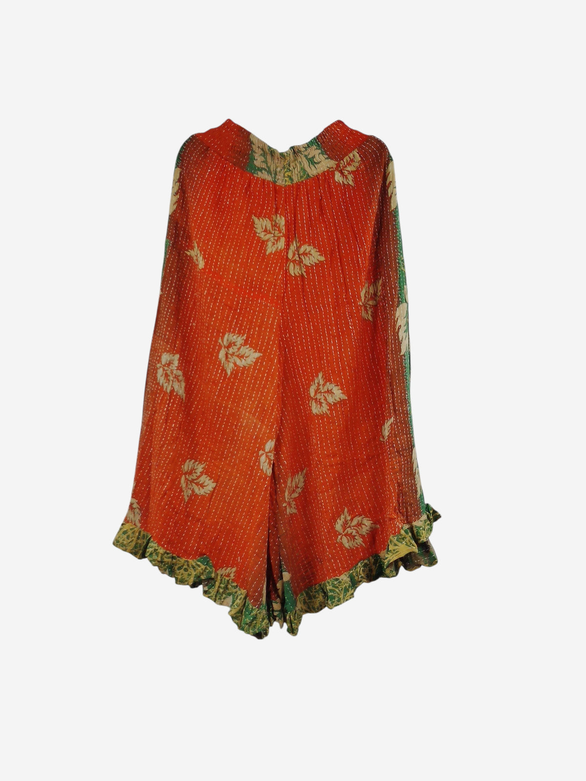 She Lives Beauty Laila capri ruffle pants in orange vintage kantha cotton with green floral patterns and stitching.