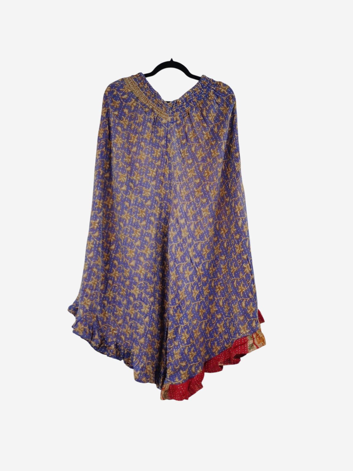 She Lives Beauty Laila capri ruffle pants in purple and gold vintage kantha cotton with a red ruffled hem