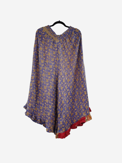 She Lives Beauty Laila capri ruffle pants in purple and gold vintage kantha cotton with a red ruffled hem