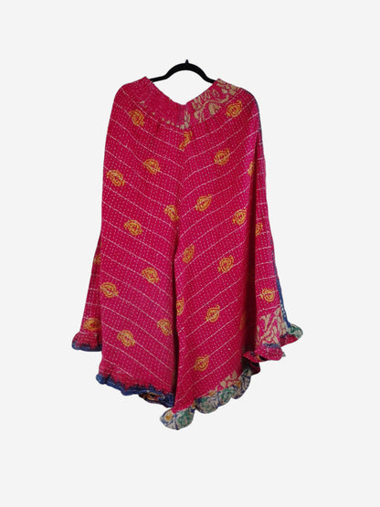 She Lives Beauty Laila capri ruffle pants in pink vintage Kantha cotton with yellow floral patterns and flared hem