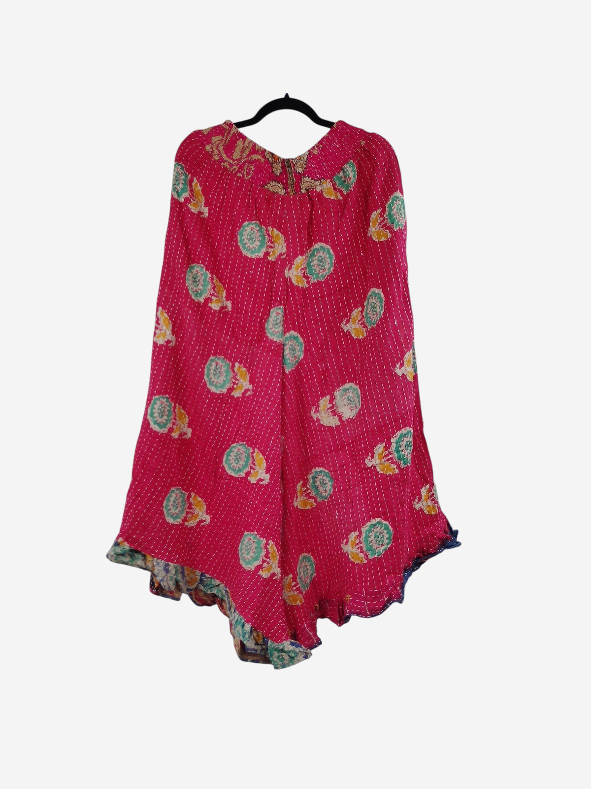 She Lives Beauty Laila capri ruffle pants in pink vintage kantha cotton with colorful circular floral patterns
