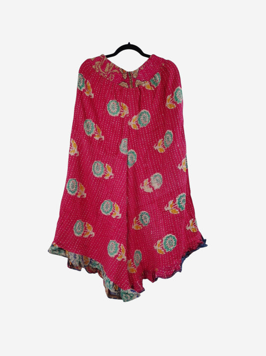 She Lives Beauty Laila capri ruffle pants in pink vintage kantha cotton with colorful circular floral patterns
