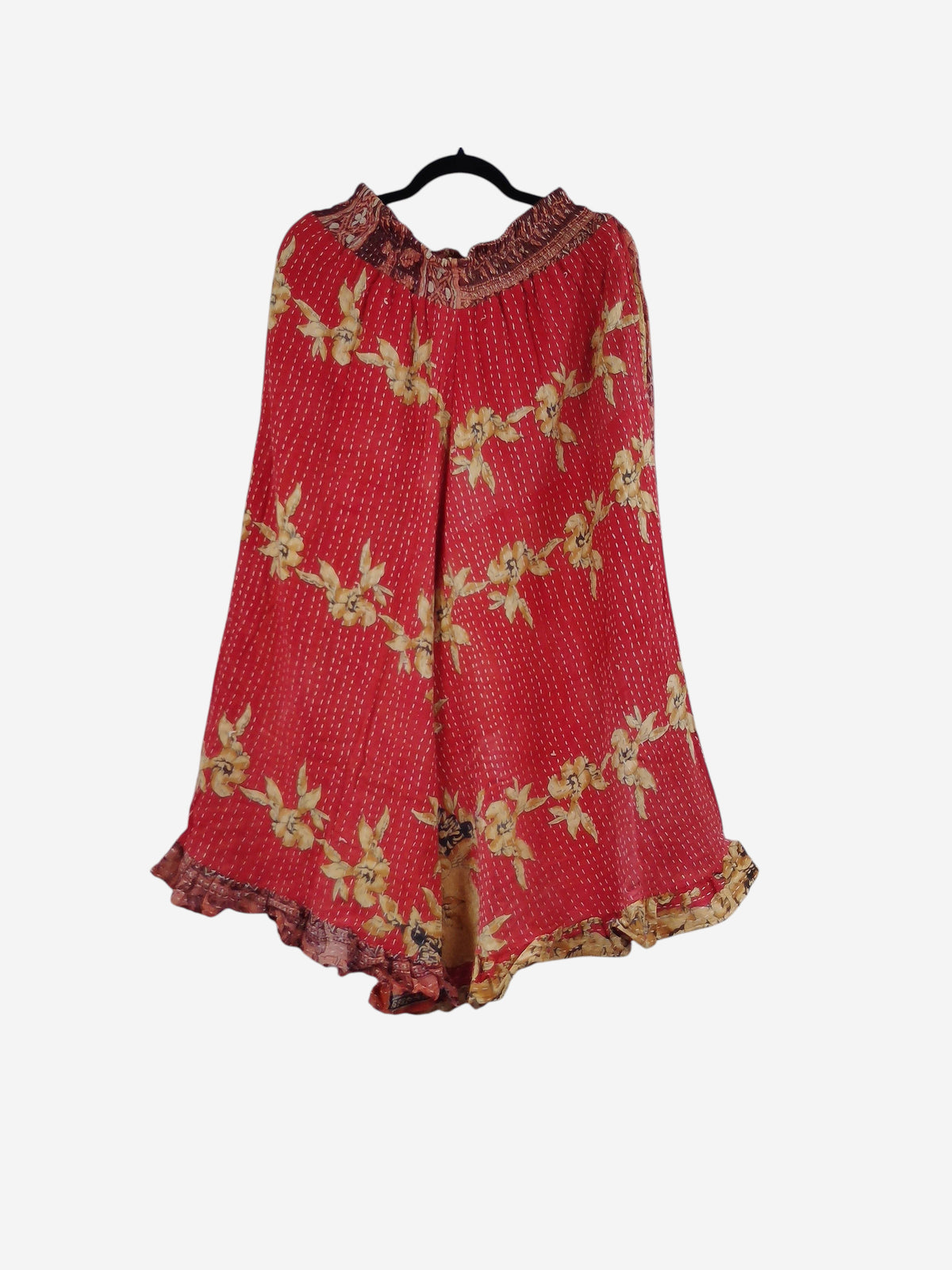 She Lives Beauty Laila capri ruffle pants in red vintage Kantha cotton with floral patterns and bohemian flare.