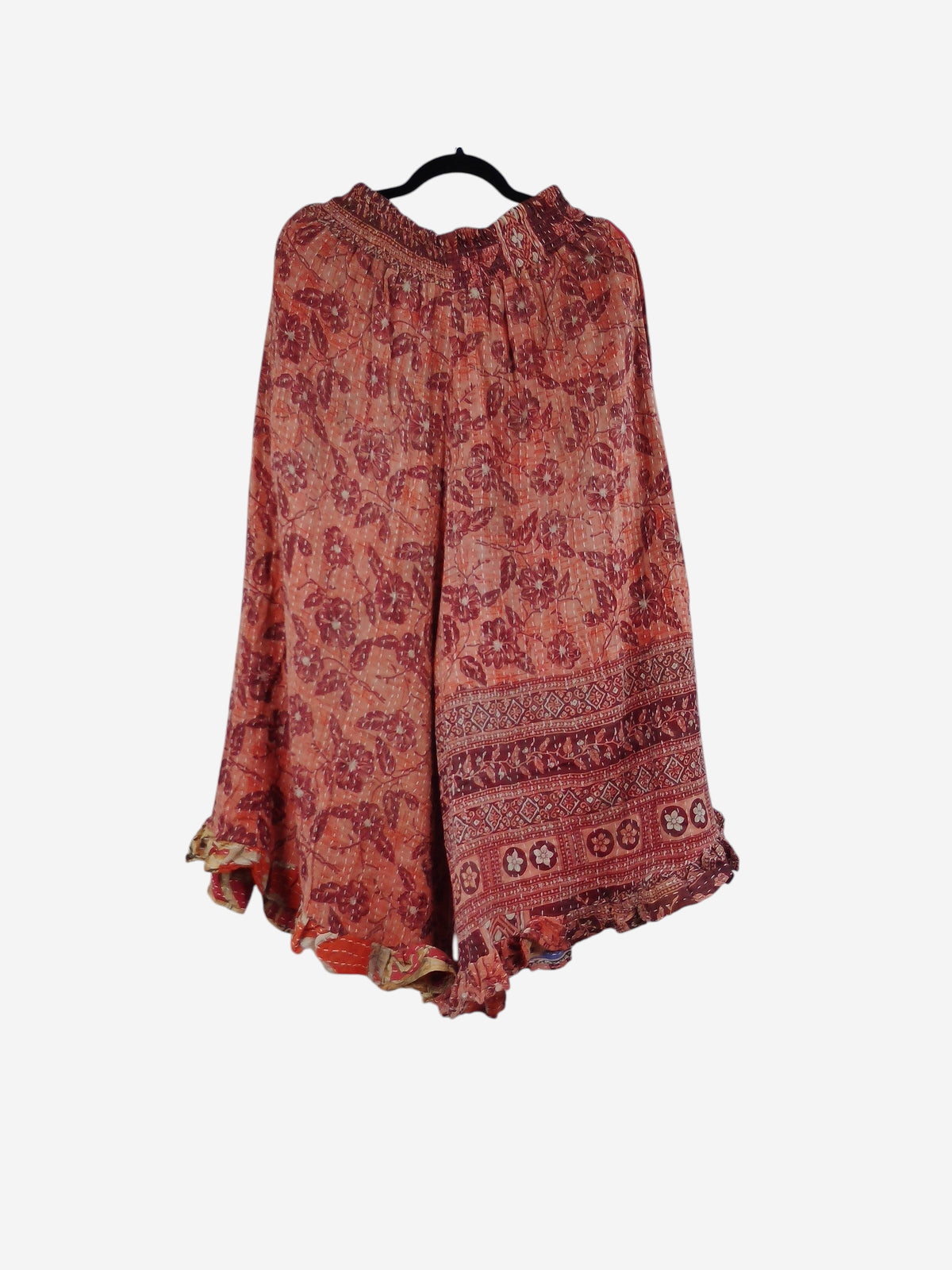 She Lives Beauty Laila capri ruffle pants in coral vintage kantha cotton with floral patterns and bohemian flare
