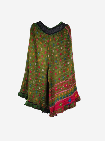 She Lives Beauty Laila capri ruffle pants made from green vintage kantha cotton with colorful floral embroidery.