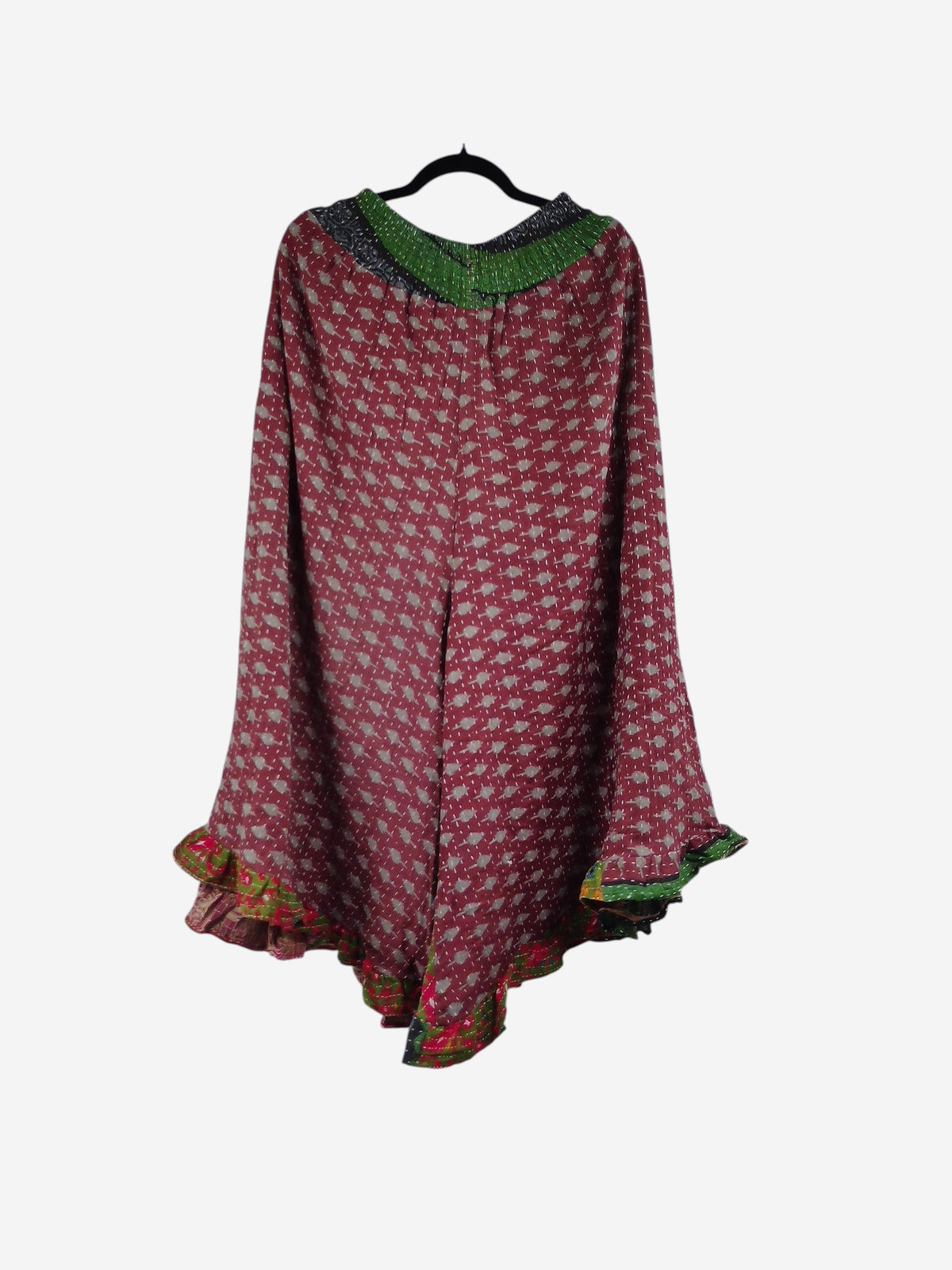 She Lives Beauty Laila capri ruffle pants made from vintage red and green kantha stitched cotton sari fabric