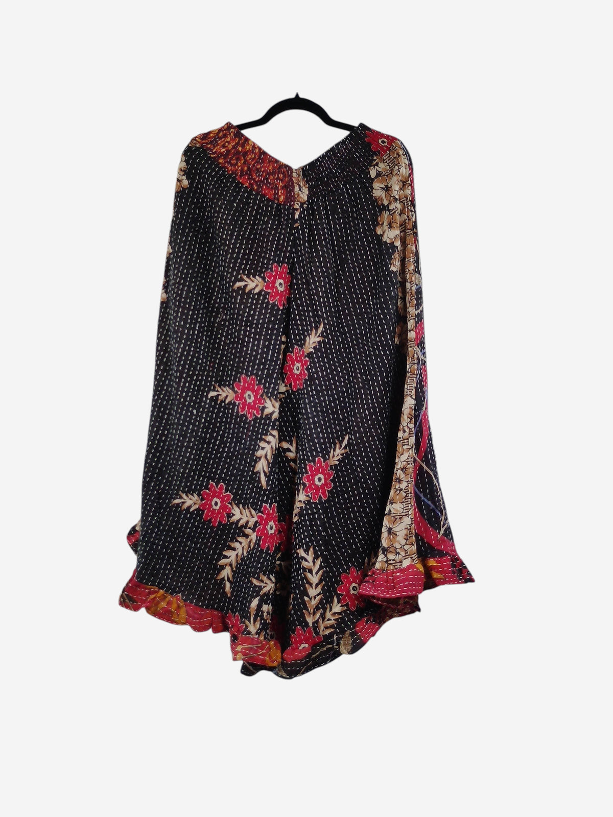 She Lives Beauty Laila capri ruffle pants made from black vintage Kantha cotton with red floral embroidery and patterns