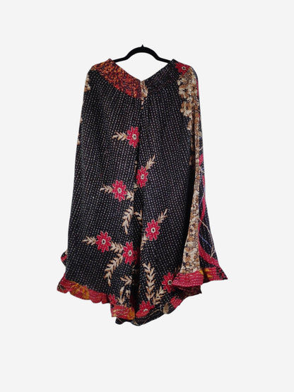 She Lives Beauty Laila capri ruffle pants made from black vintage Kantha cotton with red floral embroidery and patterns