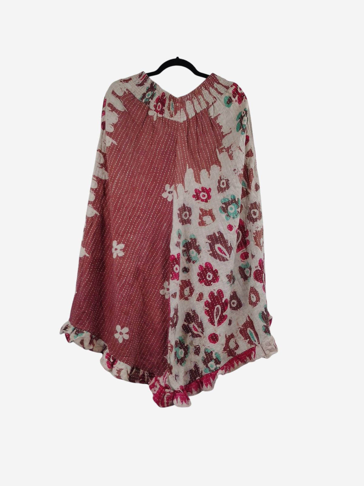 She Lives Beauty Laila capri ruffle pants made from vintage kantha stitched cotton in red and cream floral patterns.