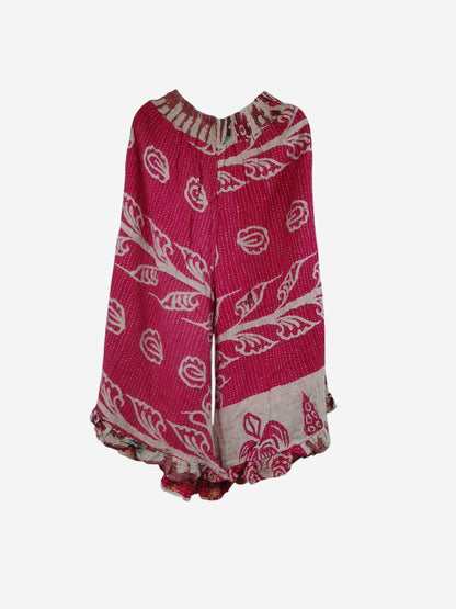 She Lives Beauty Laila capri ruffle pants in vibrant pink vintage kantha cotton with white floral pattern