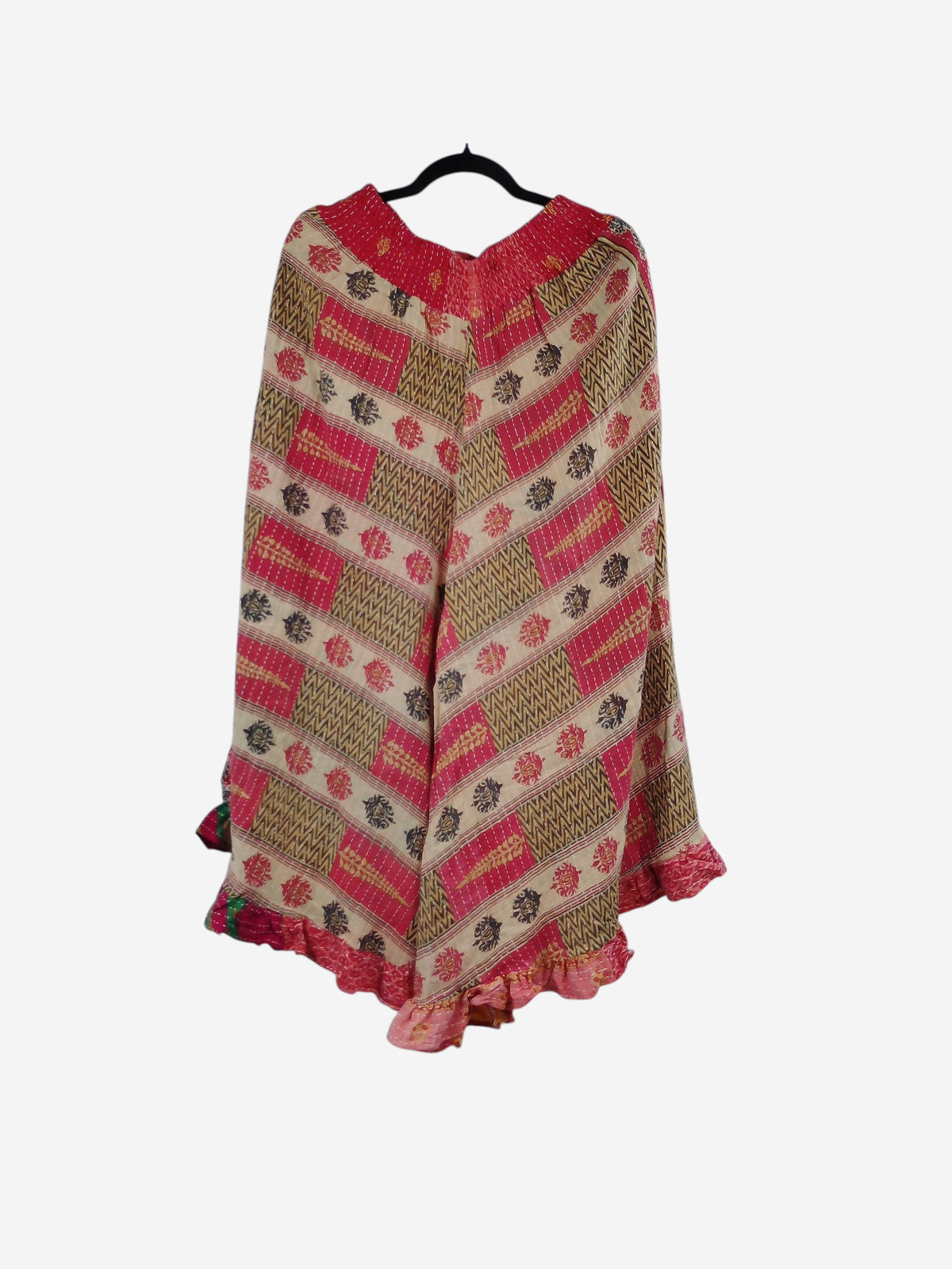 She Lives Beauty Laila capri ruffle pants made from vintage kantha stitched cotton in red and beige patterns.