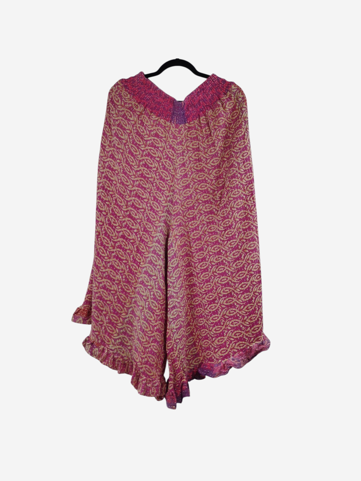 She Lives Beauty Laila capri ruffle pants in pink and cream vintage kantha cotton with a bohemian flared silhouette.