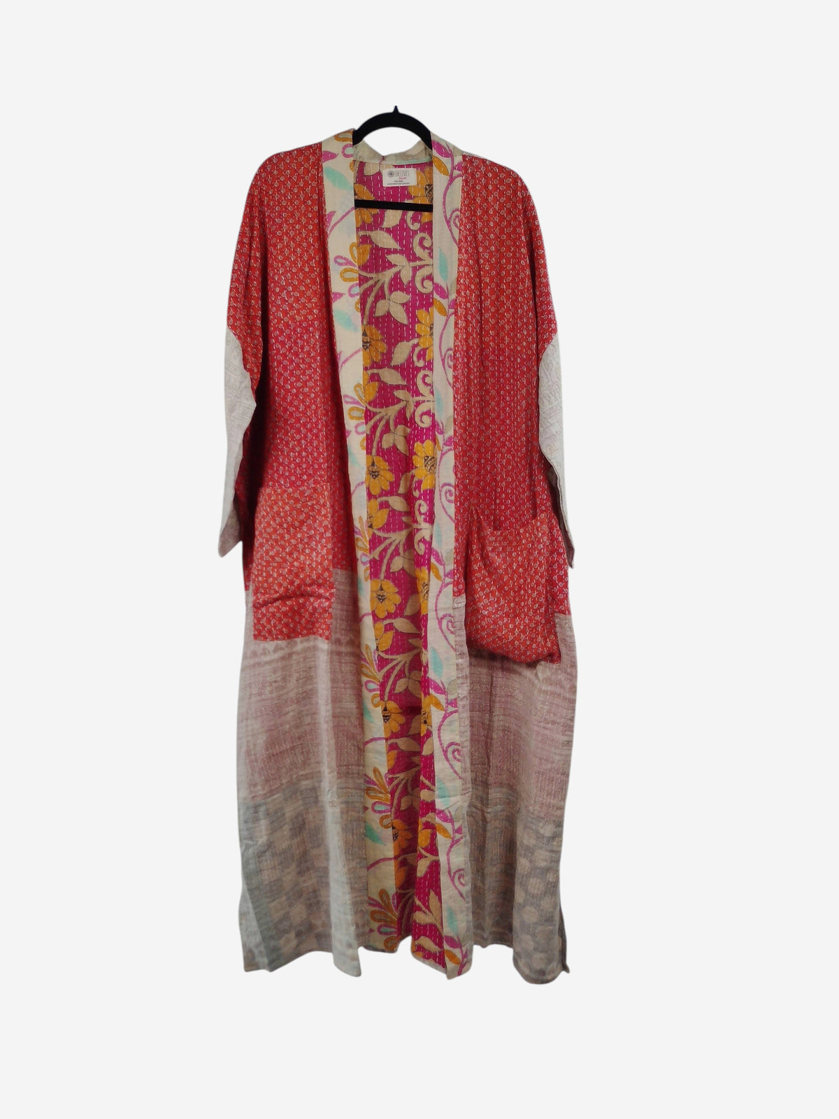 She Lives Beauty Starlit Wanderer long kimono made from vintage red and floral kantha stitched cotton fabric
