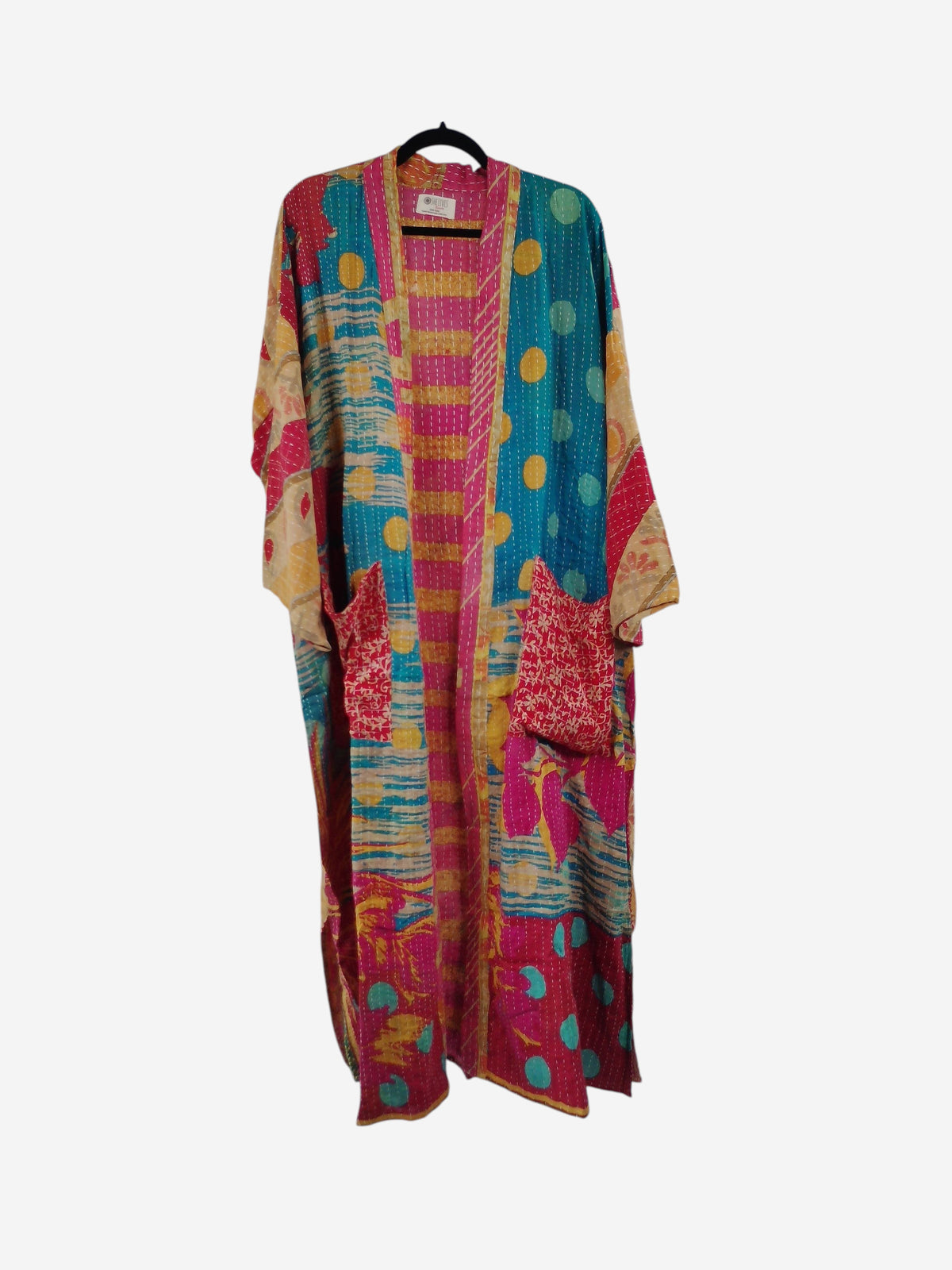 She Lives Beauty Starlit Wanderer long kimono in vibrant multicolored vintage kantha cotton with hand-stitched details.